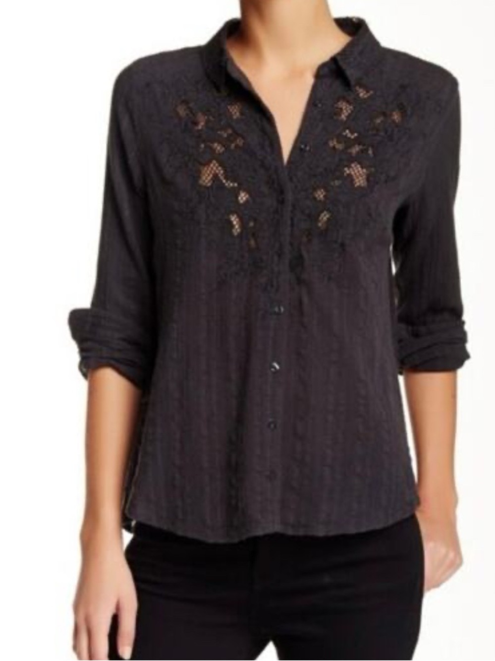 Free People Black Button-Front Lace-Detail Blouse
